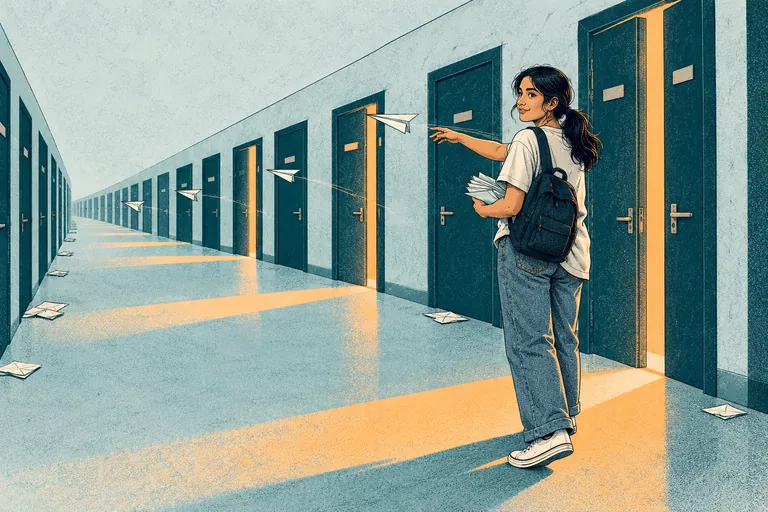 Illustration: a young graduate sending paper-plane letters down a long corridor of closed office doors, a few of which are opening with warm light.